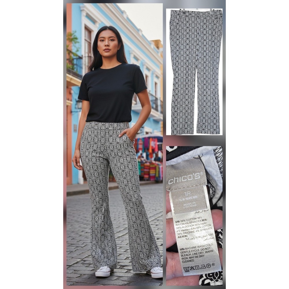 Chico's Brigitte Pants Size 8 1 32x30 Regular Black White Geo Medallion Print